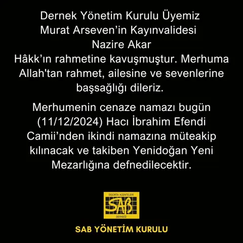 SAB yönetim kurulu vefat ilanı: siyah zemin üzerinde taziye metni