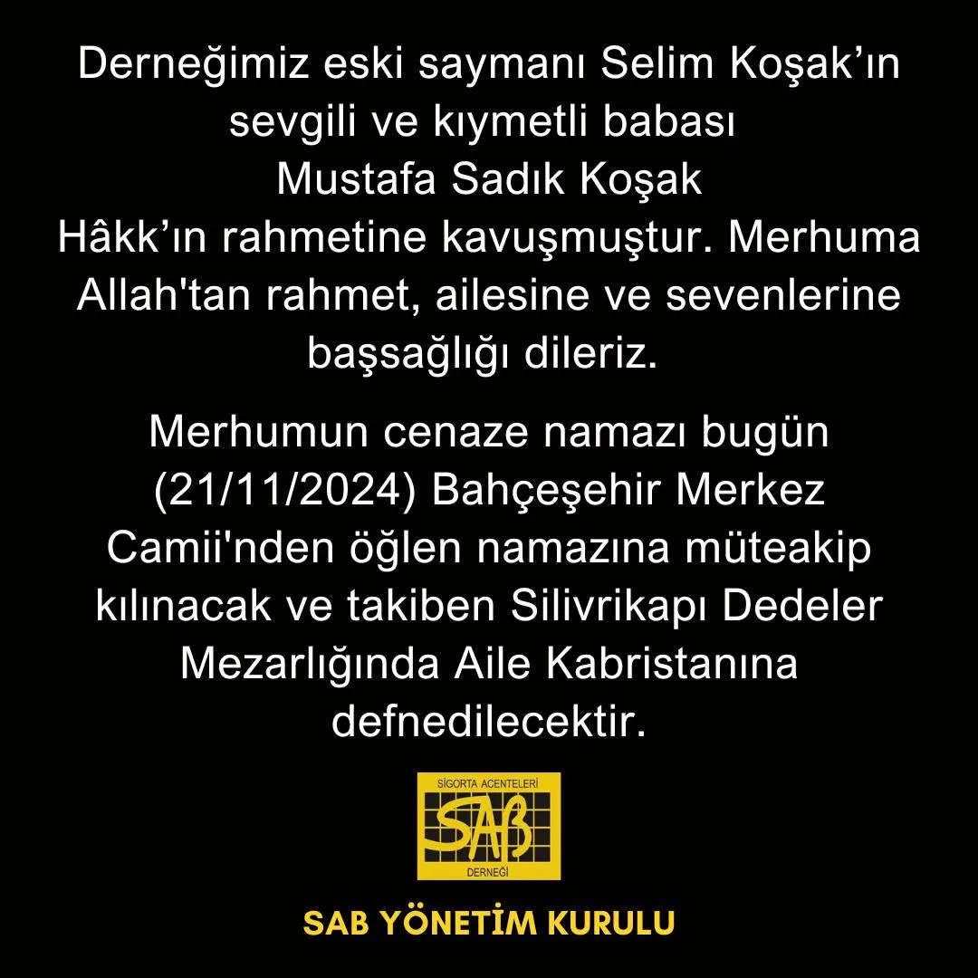 SAB başsağlığı kartı: Mustafa Sadık Koşak için taziye mesajı