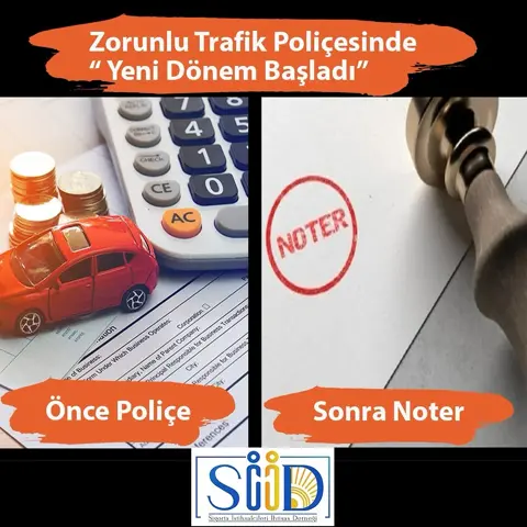 Poliçe belgesi üzerinde oyuncak araba ve hesap makinesi, yanında noter mührü