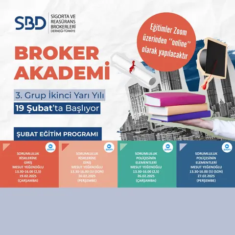 SBD Broker Akademi afişi: kitap ve diploma görselleriyle şubat eğitim programı