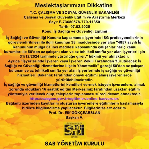SAB duyuru kartı: iş sağlığı ve güvenliği eğitimi bilgilendirmesi