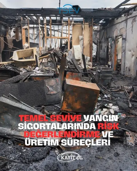 TSEV'in yangın sigortası eğitimi afişi: yanmış bina enkazı görüntüsü