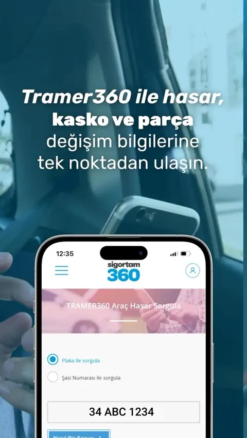 Sigortam360 uygulamasında TRAMER360 araç hasar sorgulama ekranı, elde tutulan telefon