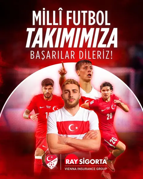 Ray Sigorta ve Türkiye Futbol Federasyonu logolu millî takım oyuncuları kolajı