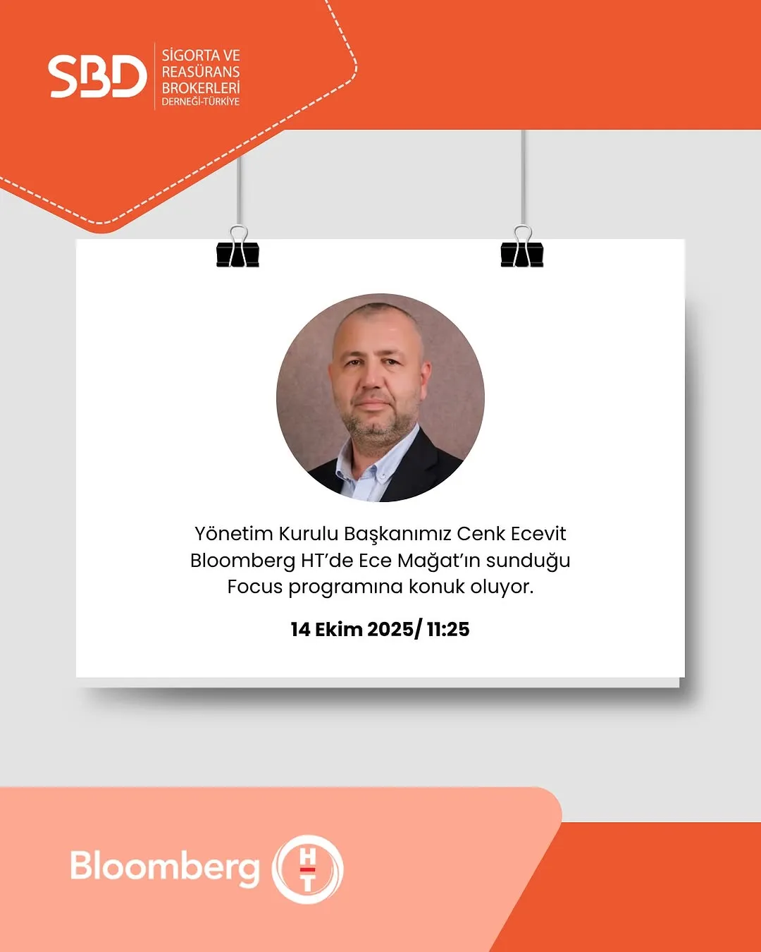 SBD duyuru kartı: Cenk Ecevit portresi, Bloomberg HT Focus programı daveti