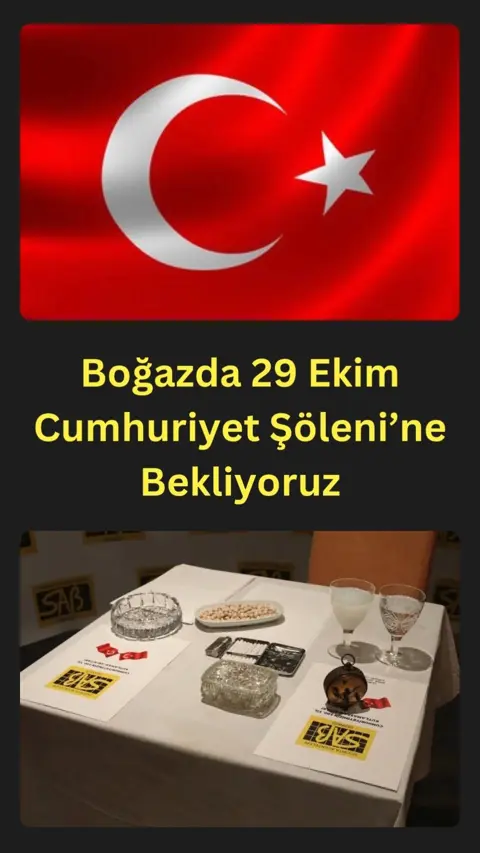 SAB'ın Boğaz'da 29 Ekim Cumhuriyet daveti afişi, masada rakı kadehleri ve leblebi
