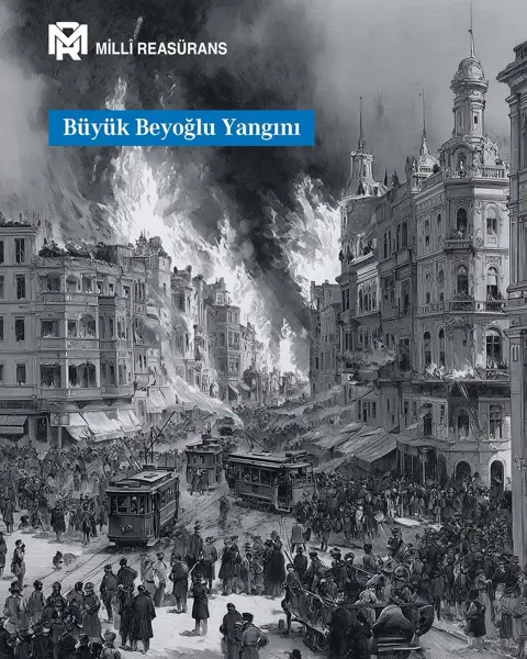 Milli Reasürans: alevler içindeki caddede tramvay ve kalabalık gösteren tarihi gravür