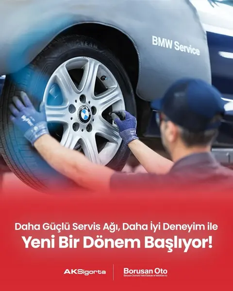 AKSigorta ve Borusan Oto logolu banner: BMW servisinde teknisyen lastik değişiminde