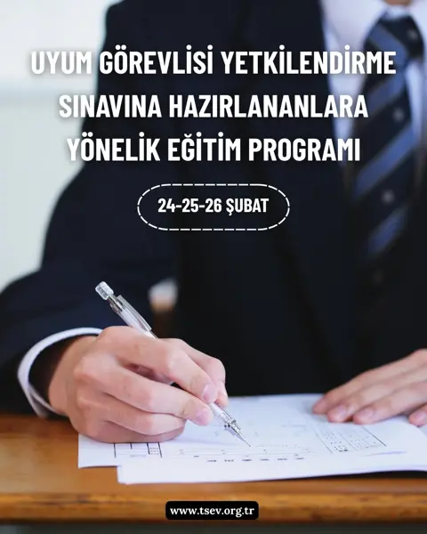 TSEV uyum görevlisi sınav eğitimi afişi: sınav kağıdı dolduran el